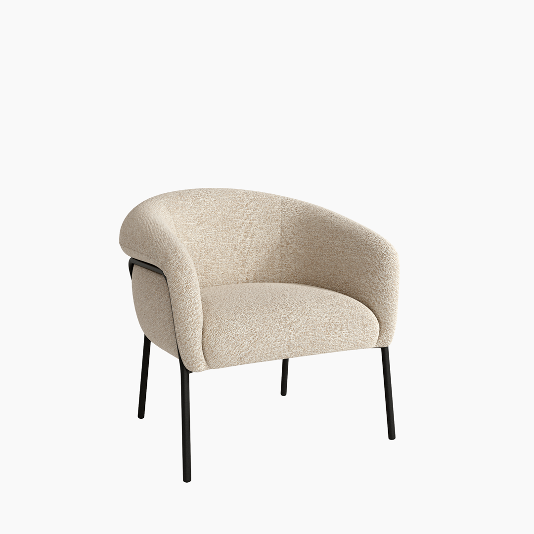 Butaca Rose tapizada, diseño suave y acogedor con estructura metálica negra para salón o rincón de lectura