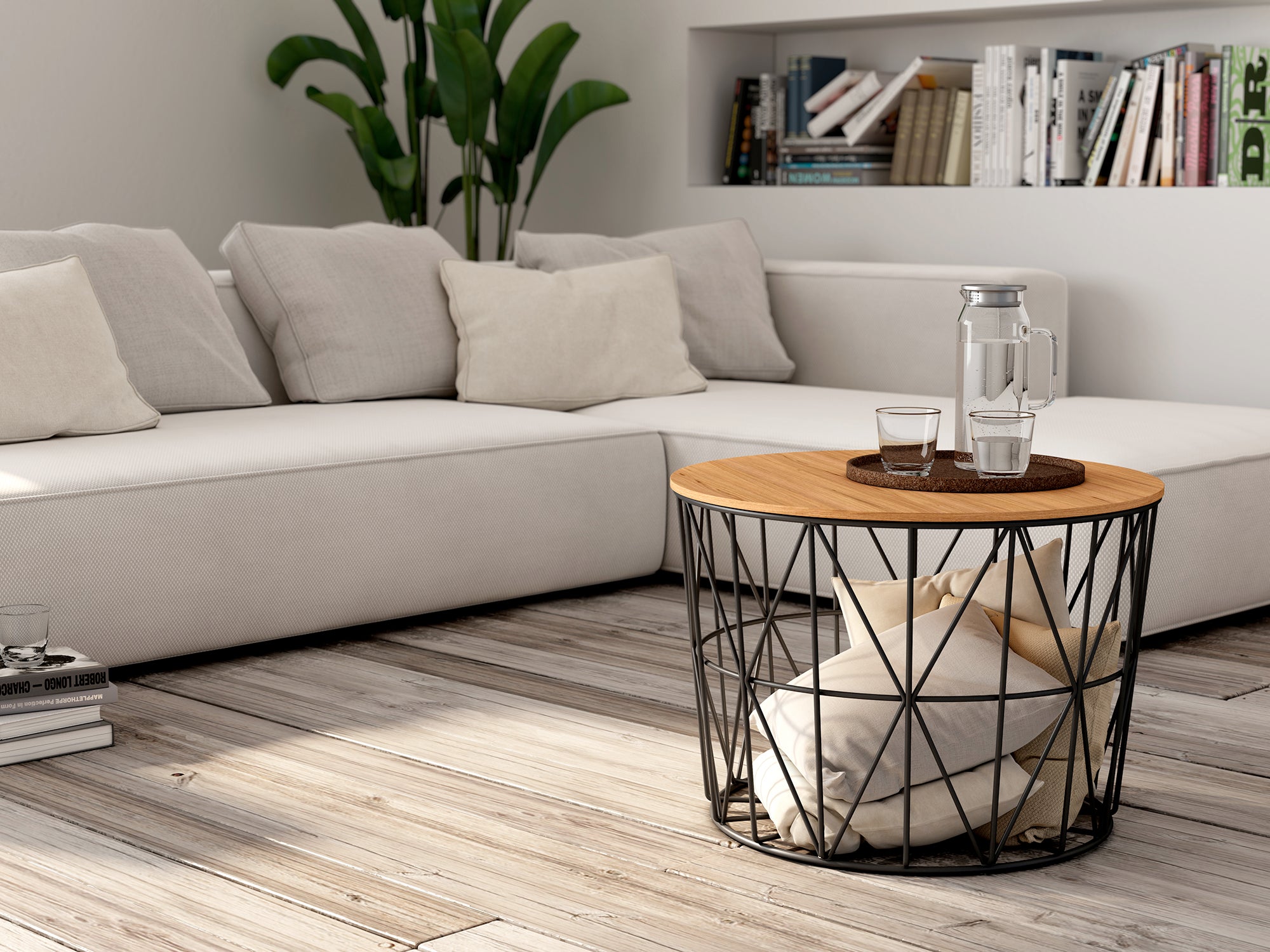 Mesa de centro Atlántico redonda con diseño ligero, estructura metálica y sobre de madera, estilo industrial suave