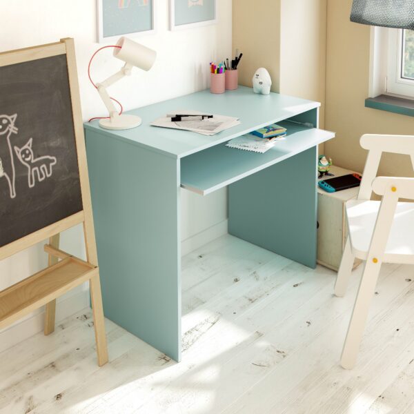 mesa escritorio azul I-Joy del programa Kids con bandeja extraible y acabado color verde aqua