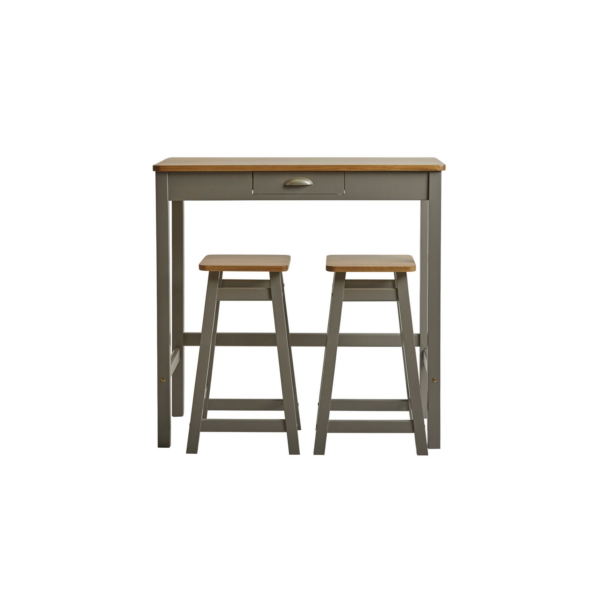 Mesa de cocina alta con 2 taburetes acabada en madera de pino color gris y roble
