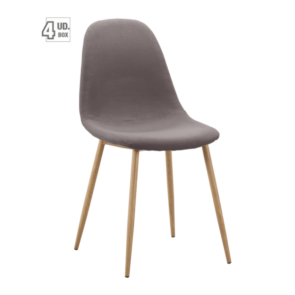 silla tapizada con patas metálicas con revestimiento imitando la madera y acabado tapizado color gris