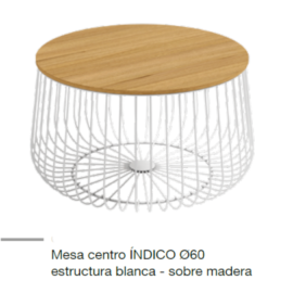 Mesa centro Indico blanca con tapa acabado madera, redonda con estructura metálica.