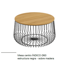Mesa centro Indico negra con tapa acabado madera, redonda con estructura metálica.