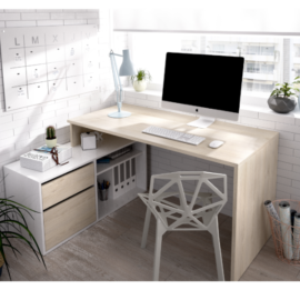 Mesa escritorio L Rox acabado natural combinado con el color blanco brillo-Bajo puesto a la izquierda de la mesa