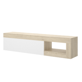 Bajo Tv Lebo acabado natural combinado blanco brillo con una puerta abatible. Programa Dekit del Grupo Rimobel