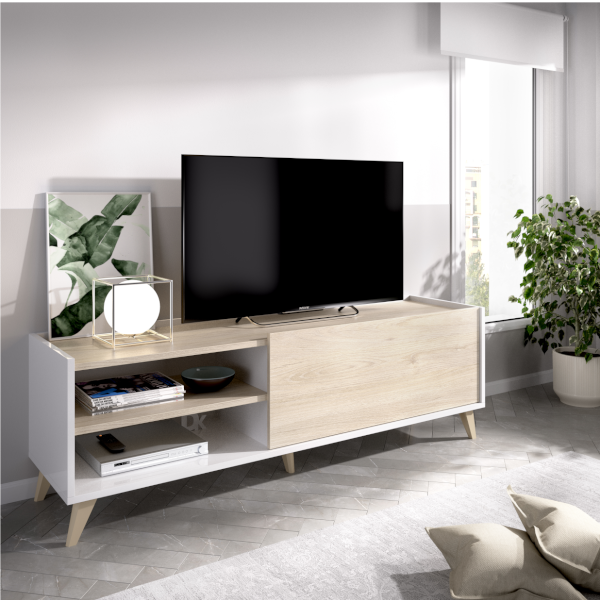 Mueble bajo TV Ness acabado blanco combinado natural.