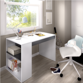 Mesa escritorio Teo con un cajón central y estanteria lateral, acabado blanco combinado color grafito