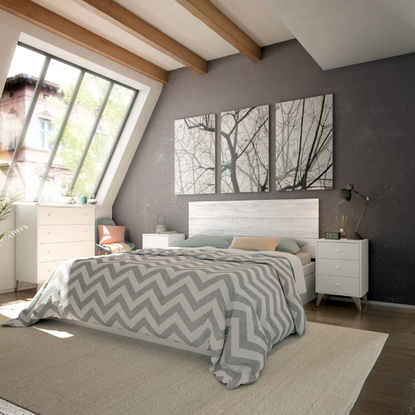 Dormitorio dreams con cabezal y dos mesitas de tres cajones, acabado blanco artik combinado con blanco velho