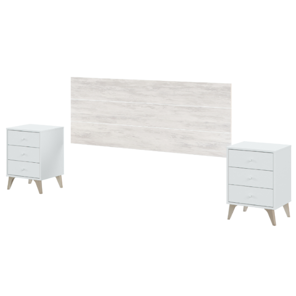 Dormitorio dreams con cabezal y dos mesitas de tres cajones, acabado blanco artik combinado con blanco velho
