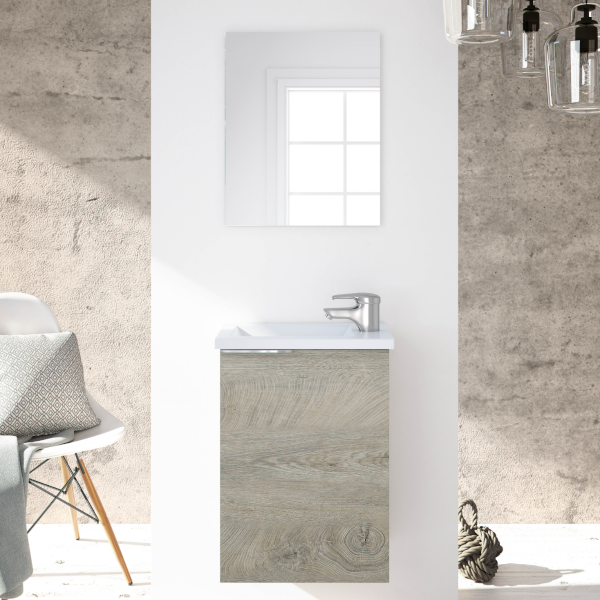 mueble de baño Compact con espejo y lavabo de resina acabado color Roble Alaska de Fores Diseño