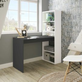 Ambiente mesa de escritorio con estantería modelo Gio Plus acabado en color blanco artik combinado en color gris ceniza de Forés Diseño-Kitmuebles