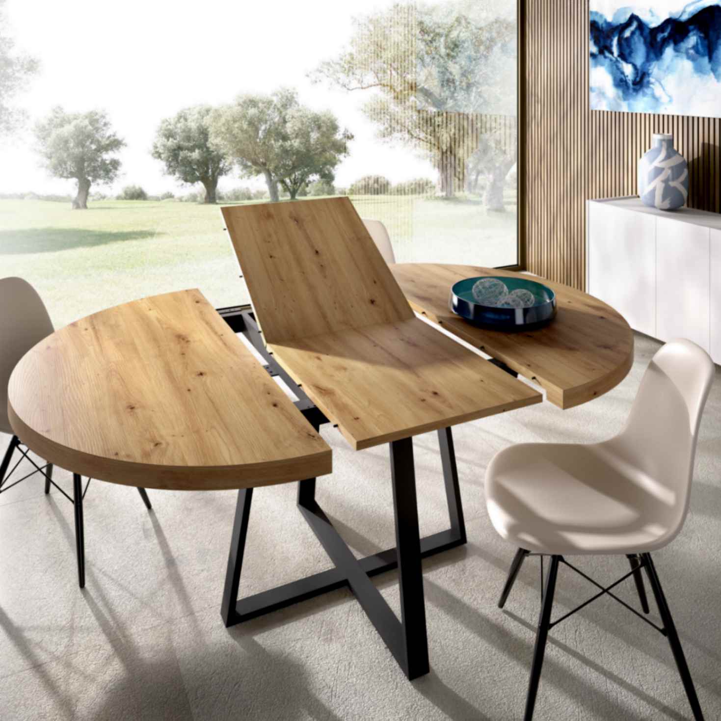 Mesa comedor rectangular extensible con tapa madera y pata metálica