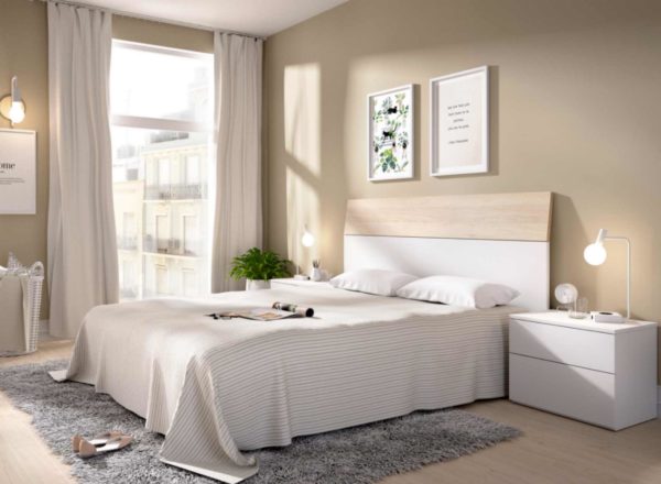 Dormitorio Gia con cabecero y dos mesitas acabado blanco combinado color natural, del programa DEKIT