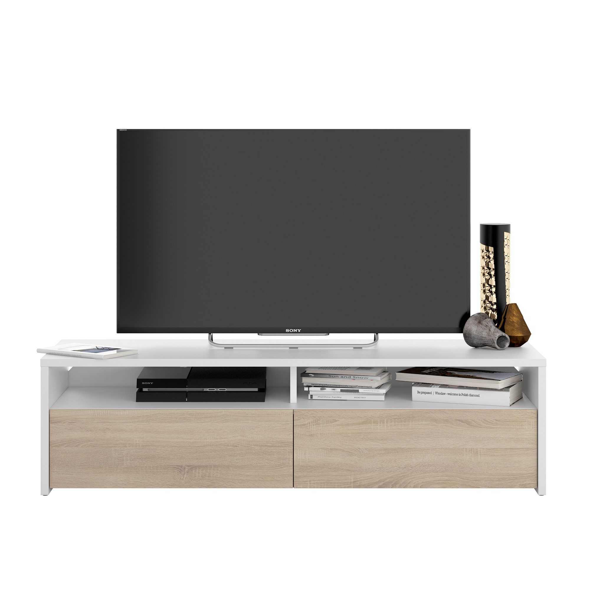 Módulo bajo TV Tokio, acabado blanco artik combinado Roble Canadian