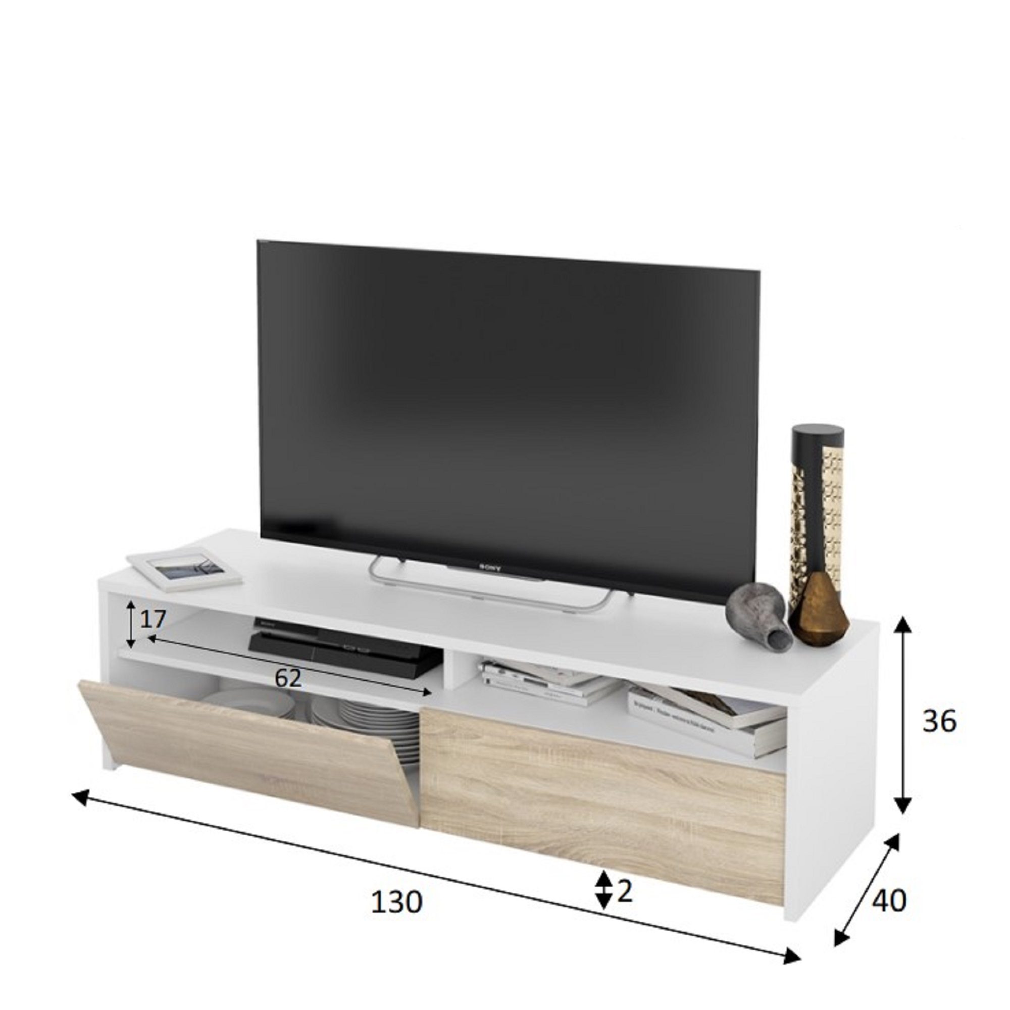 Módulo bajo TV Tokio, acabado blanco artik combinado Roble Canadian