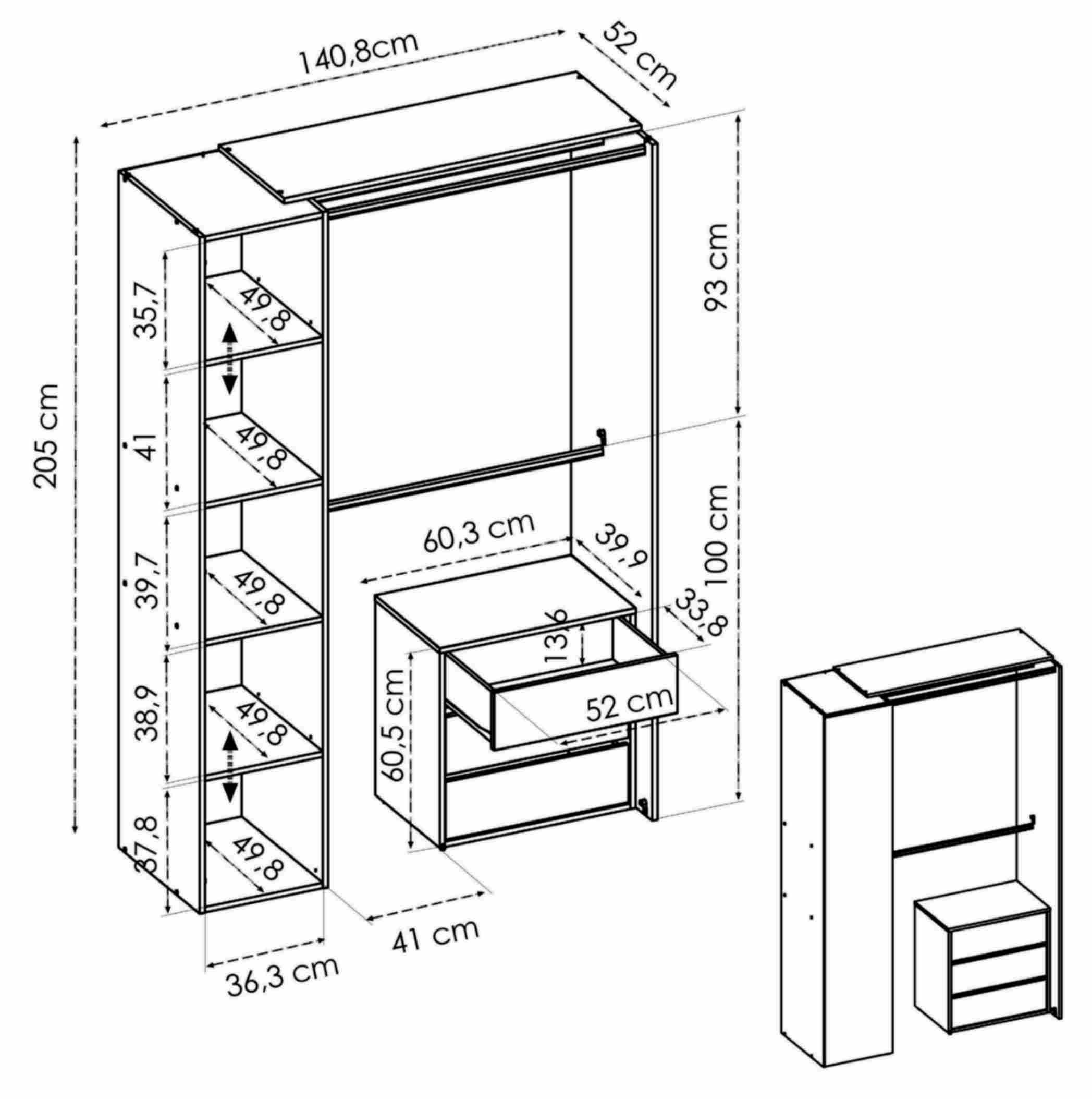 Vestidor Suit con cajones, columna y cortina