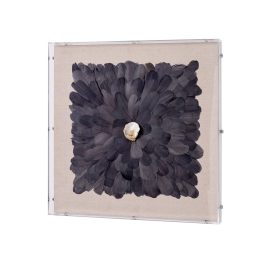 CUADRO VITRINA ESCULTURA PLUMAS NEGRAS CON PIEDRA CRISTAL 60x60cm